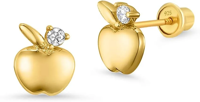 14k Gold Plated Brass Apple Cubic Zirconia Screwback Baby Girls Earrings with Sterling Silver Post