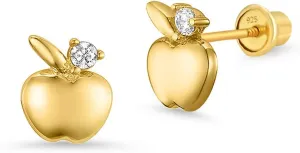 14k Gold Plated Brass Apple Cubic Zirconia Screwback Baby Girls Earrings with Sterling Silver Post