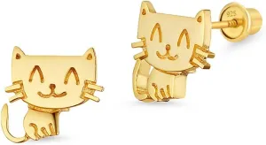 14k Gold Plated Brass Baby Happy Cat Screwback Baby Girls Earrings with Sterling Silver Post
