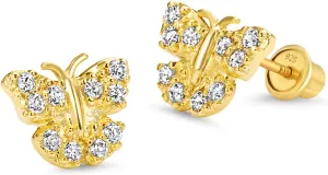 14k Gold Plated Brass Butterfly Cubic Zirconia Screwback Girls Earrings with Sterling Silver Post