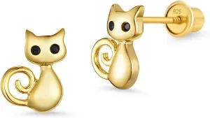 14k Gold Plated Brass Cat Cubic Zirconia Screwback Baby Girls Earrings with Sterling Silver Post