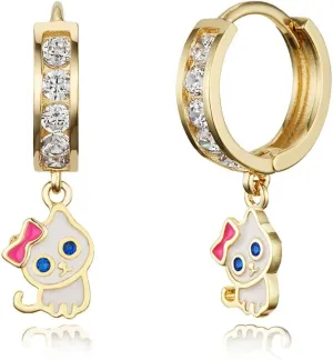 14k Gold Plated Brass Cat Kitten Channel Cz Huggy Baby Girls Hoop Earrings