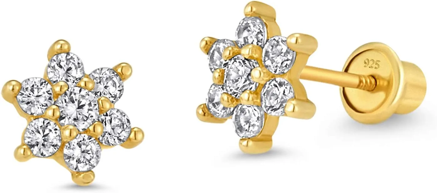 14k Gold Plated Brass Flower Cubic Zirconia Screwback Baby Girls Earrings with Sterling Silver Post