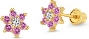 14k Gold Plated Brass Flower Cubic Zirconia Screwback Baby Girls Earrings with Sterling Silver Post
