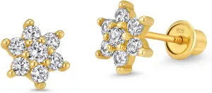 14k Gold Plated Brass Flower Cubic Zirconia Screwback Baby Girls Earrings with Sterling Silver Post