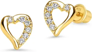 14k Gold Plated Brass Open Heart Cubic Zirconia Screwback Girls Earrings with Sterling Silver Post