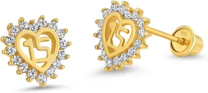 14k Gold Plated Brass Quince Anos Cubic Zirconia Screwback Girls Earrings with Sterling Silver Post