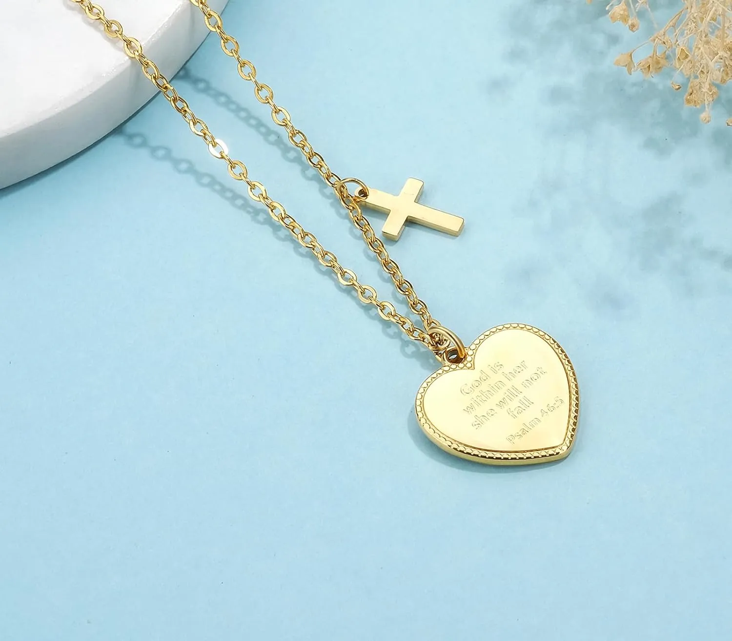 14K Gold Plated Engraved Coin Pendant Necklace for Women Christian Bible Verse Cross Necklace Prayer Faith Religious Jewelry Gifts