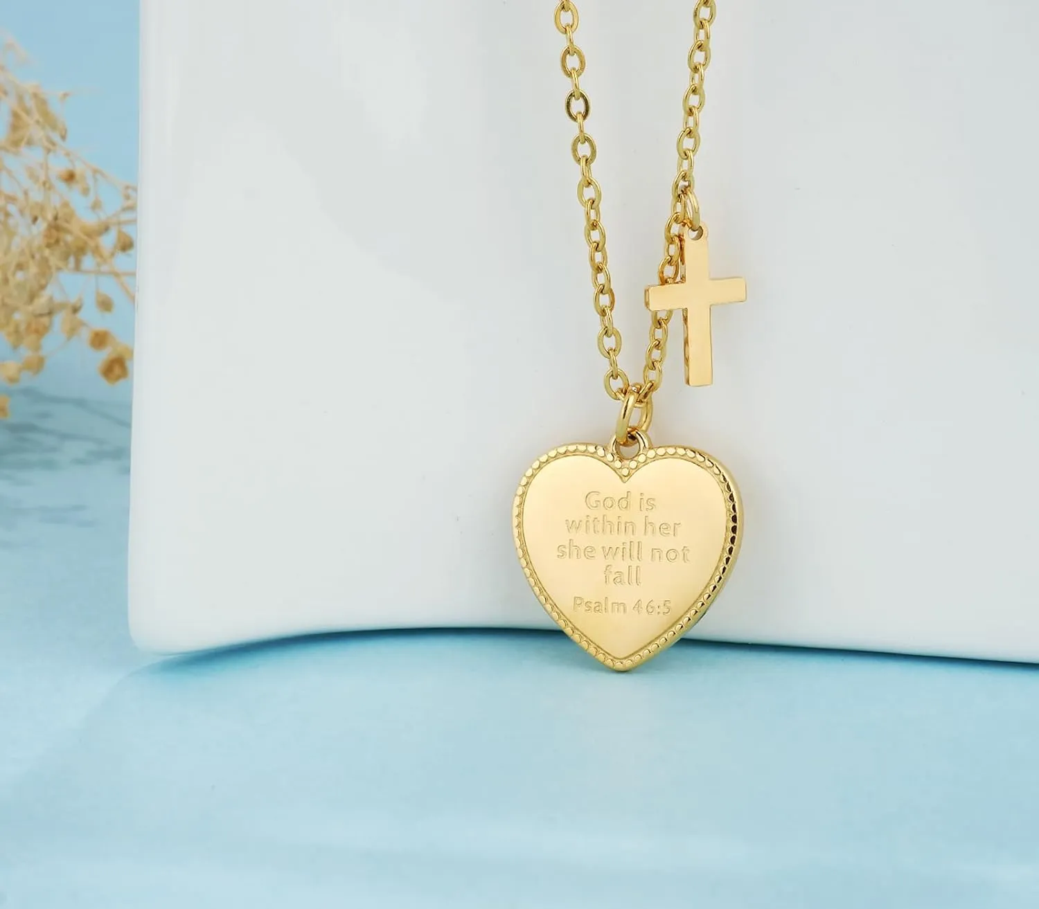 14K Gold Plated Engraved Coin Pendant Necklace for Women Christian Bible Verse Cross Necklace Prayer Faith Religious Jewelry Gifts