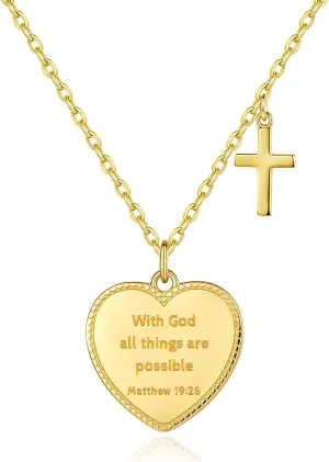 14K Gold Plated Engraved Coin Pendant Necklace for Women Christian Bible Verse Cross Necklace Prayer Faith Religious Jewelry Gifts