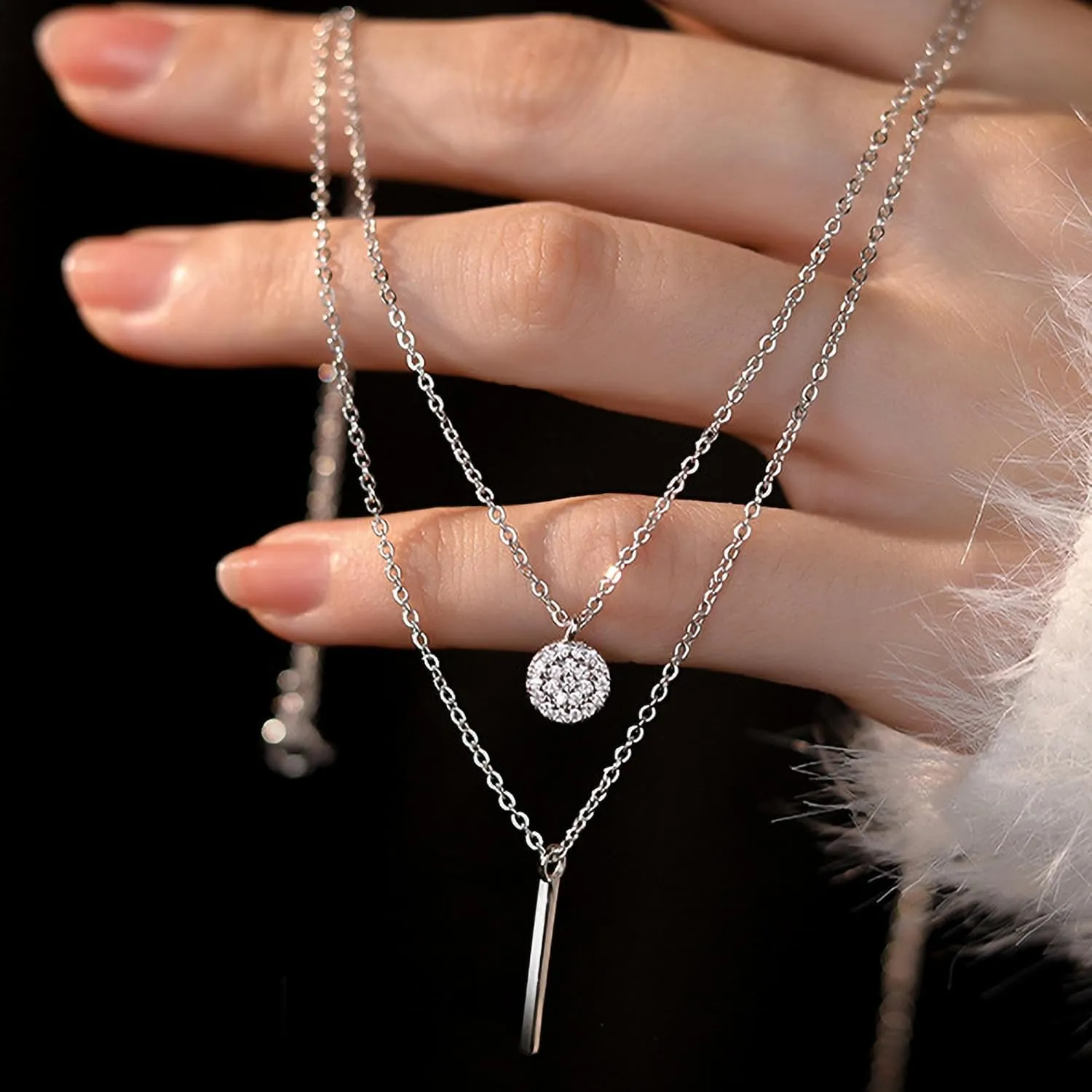 14K Gold Plated Layered Necklaces for Women 925 Sterling Silver Bar Charm Choker Double Circle Layered Y Clavicle Pendant Necklace Adjustable Chain Necklace Birthday Christmas Gifts for Her