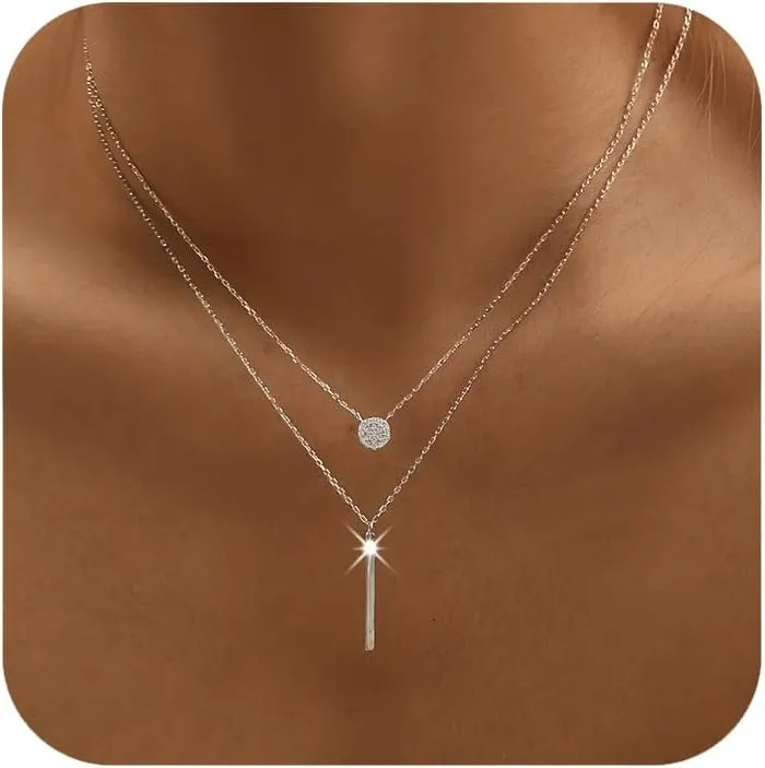 14K Gold Plated Layered Necklaces for Women 925 Sterling Silver Bar Charm Choker Double Circle Layered Y Clavicle Pendant Necklace Adjustable Chain Necklace Birthday Christmas Gifts for Her