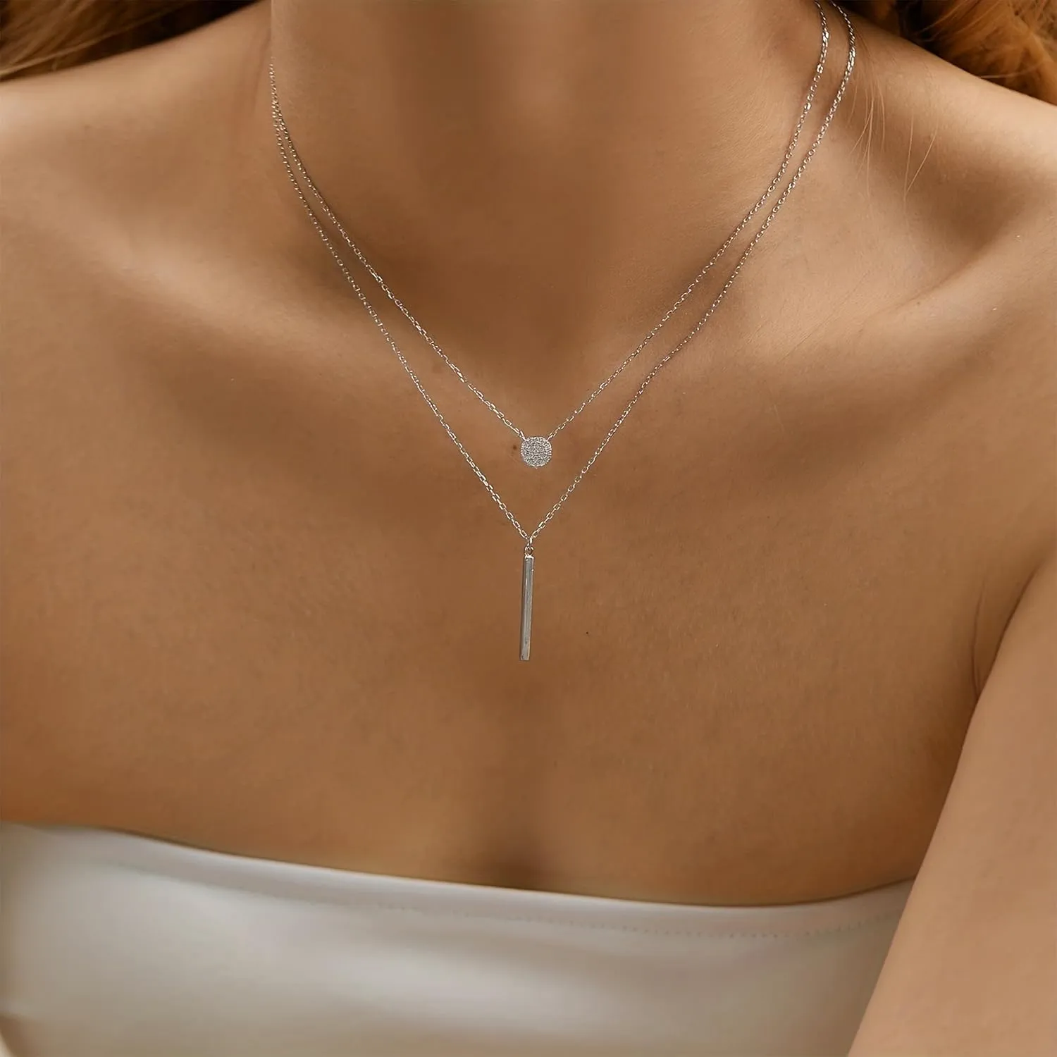 14K Gold Plated Layered Necklaces for Women 925 Sterling Silver Bar Charm Choker Double Circle Layered Y Clavicle Pendant Necklace Adjustable Chain Necklace Birthday Christmas Gifts for Her