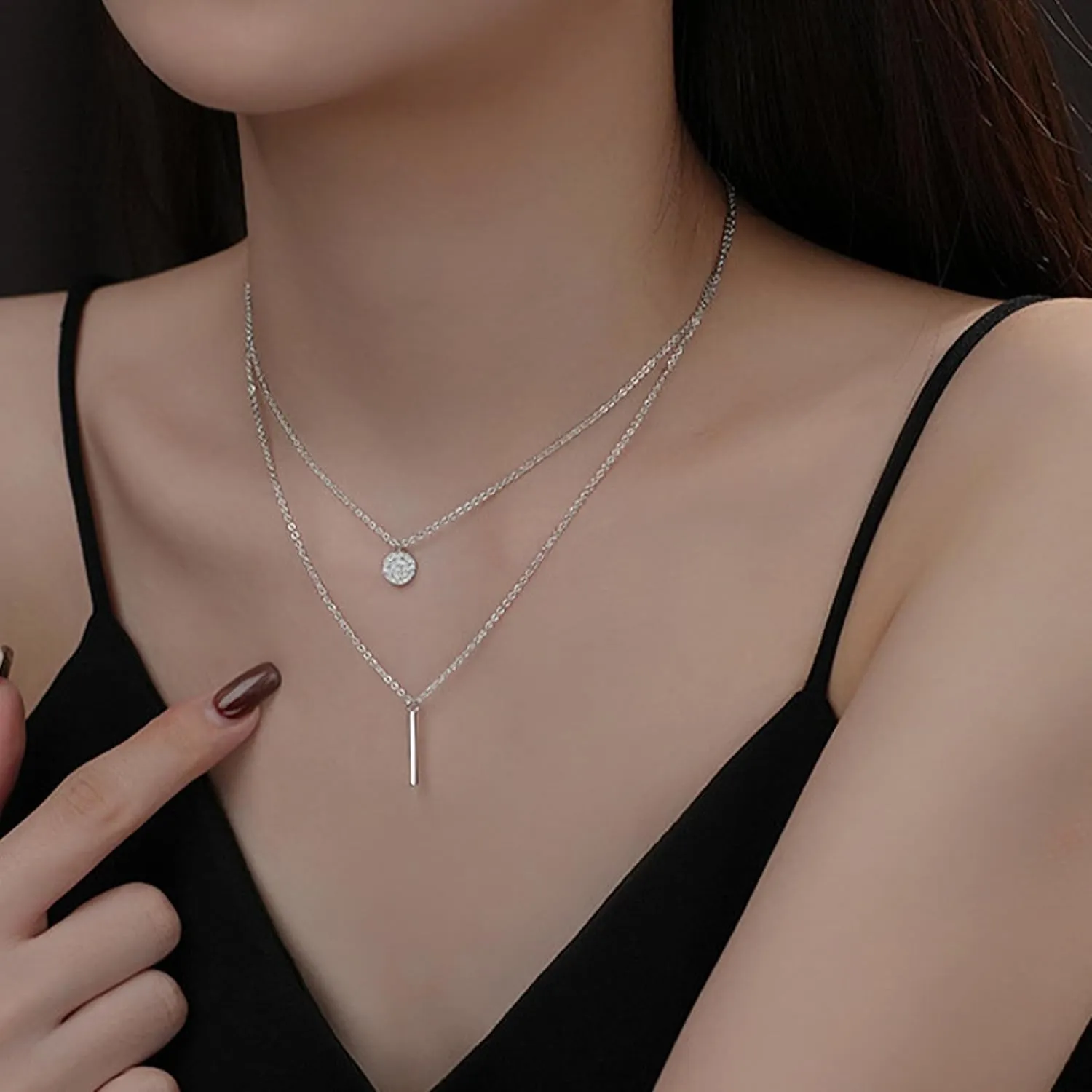 14K Gold Plated Layered Necklaces for Women 925 Sterling Silver Bar Charm Choker Double Circle Layered Y Clavicle Pendant Necklace Adjustable Chain Necklace Birthday Christmas Gifts for Her