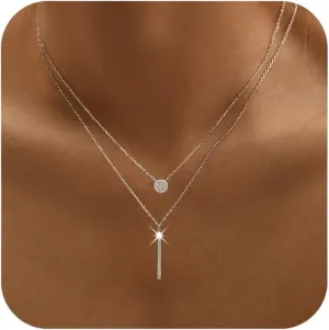 14K Gold Plated Layered Necklaces for Women 925 Sterling Silver Bar Charm Choker Double Circle Layered Y Clavicle Pendant Necklace Adjustable Chain Necklace Birthday Christmas Gifts for Her