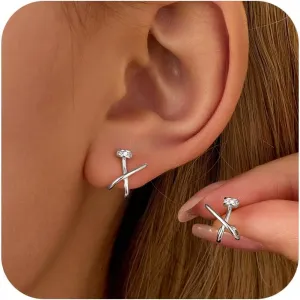 14K Gold Plated X Stud Earrings for Women Trendy 925 Sterling Silver Cubic Zirconia Nail Earrings Minimalist Hypoallergenic Split Huggie Hoop Earrings Birthday Graduation Gifts