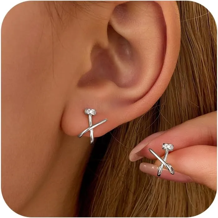 14K Gold Plated X Stud Earrings for Women Trendy 925 Sterling Silver Cubic Zirconia Nail Earrings Minimalist Hypoallergenic Split Huggie Hoop Earrings Birthday Graduation Gifts