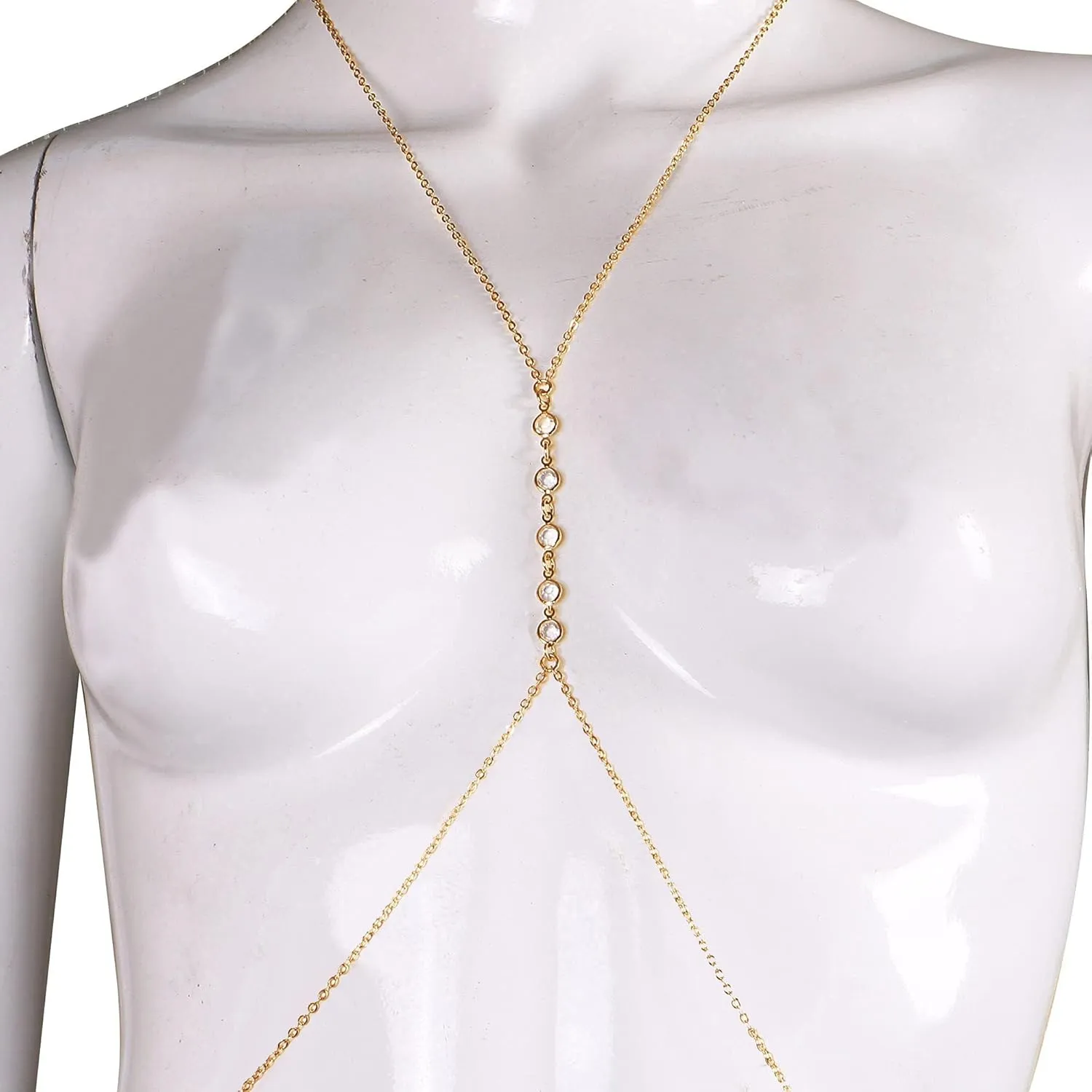 14K Gold Sexy Body Chains for Women, Layered Rhinestone Crossover Bikini Bra Body Jewelry, Summer Beach Crystal Belly Waist Chain