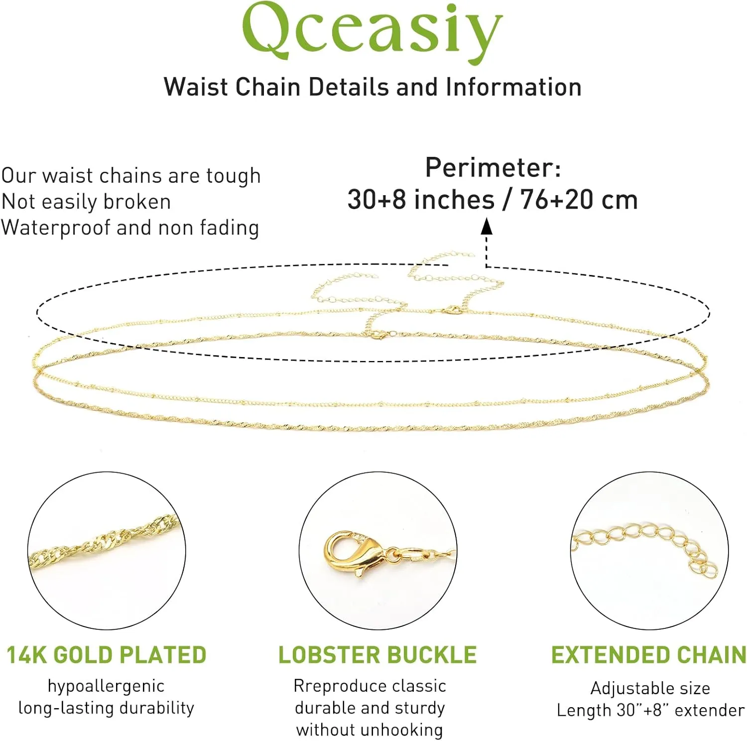 14K Gold Waist Chain for Women, 2Pcs Adjustable Pearl Beads Body Chain, Sexy Layered Summer Beach Bikini Belly Jewelry Accessories