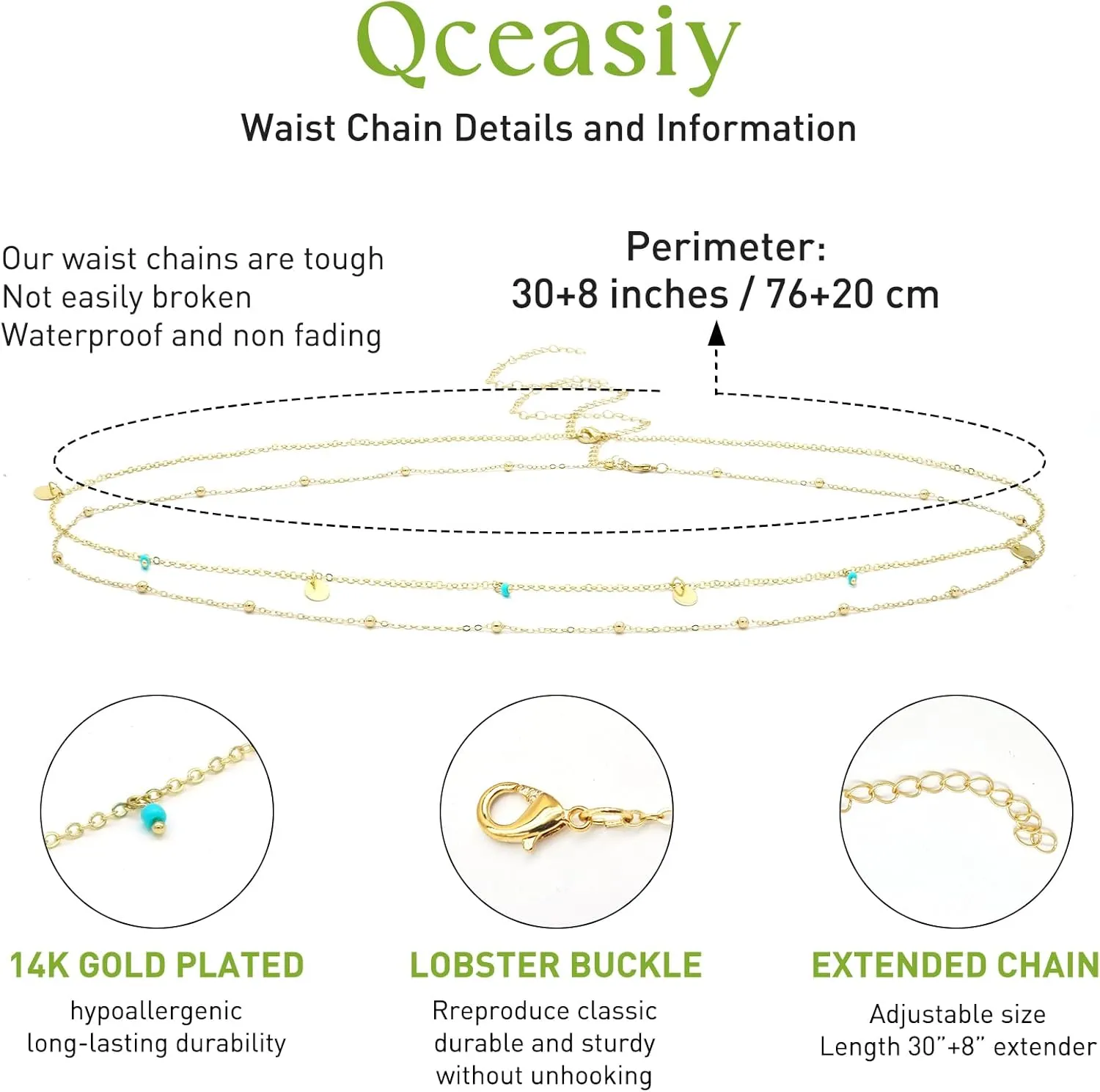 14K Gold Waist Chain for Women, 2Pcs Adjustable Pearl Beads Body Chain, Sexy Layered Summer Beach Bikini Belly Jewelry Accessories