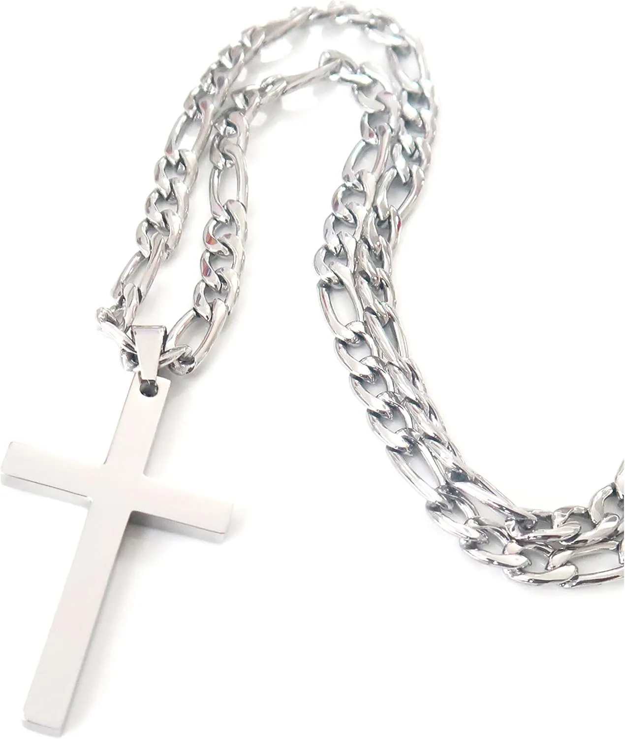 14K Mens Sterling Silver Traditional Cross Pendant 5mm Italian Figaro Chain Necklace for men women boys girls teens Fashion Jewelry,Wear Alone or with Pendant,18-24 Inch