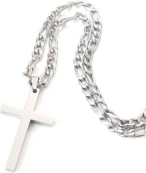 14K Mens Sterling Silver Traditional Cross Pendant 5mm Italian Figaro Chain Necklace for men women boys girls teens Fashion Jewelry,Wear Alone or with Pendant,18-24 Inch