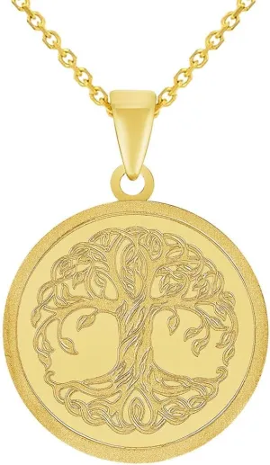 14k Solid Yellow Gold Tree of Life Medallion Pendant with Rolo Cable, Cuban Curb, or Figaro Chain Necklace