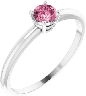 14k White Gold 3mm Round Shape Imitation Pink Tourmaline BirthStone Fashion Ring Fine Jewelry For Women Gifts For Her, Size 3