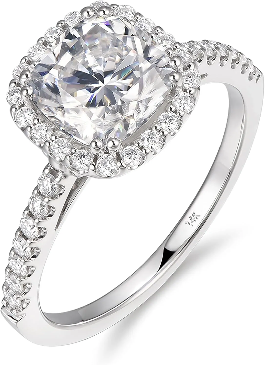14K White Gold Moissanite Engagement Rings, 14K 2 Carat Cushion Cut Moissanite Ring, 2ct Cushion Cut Halo Engagement Ring