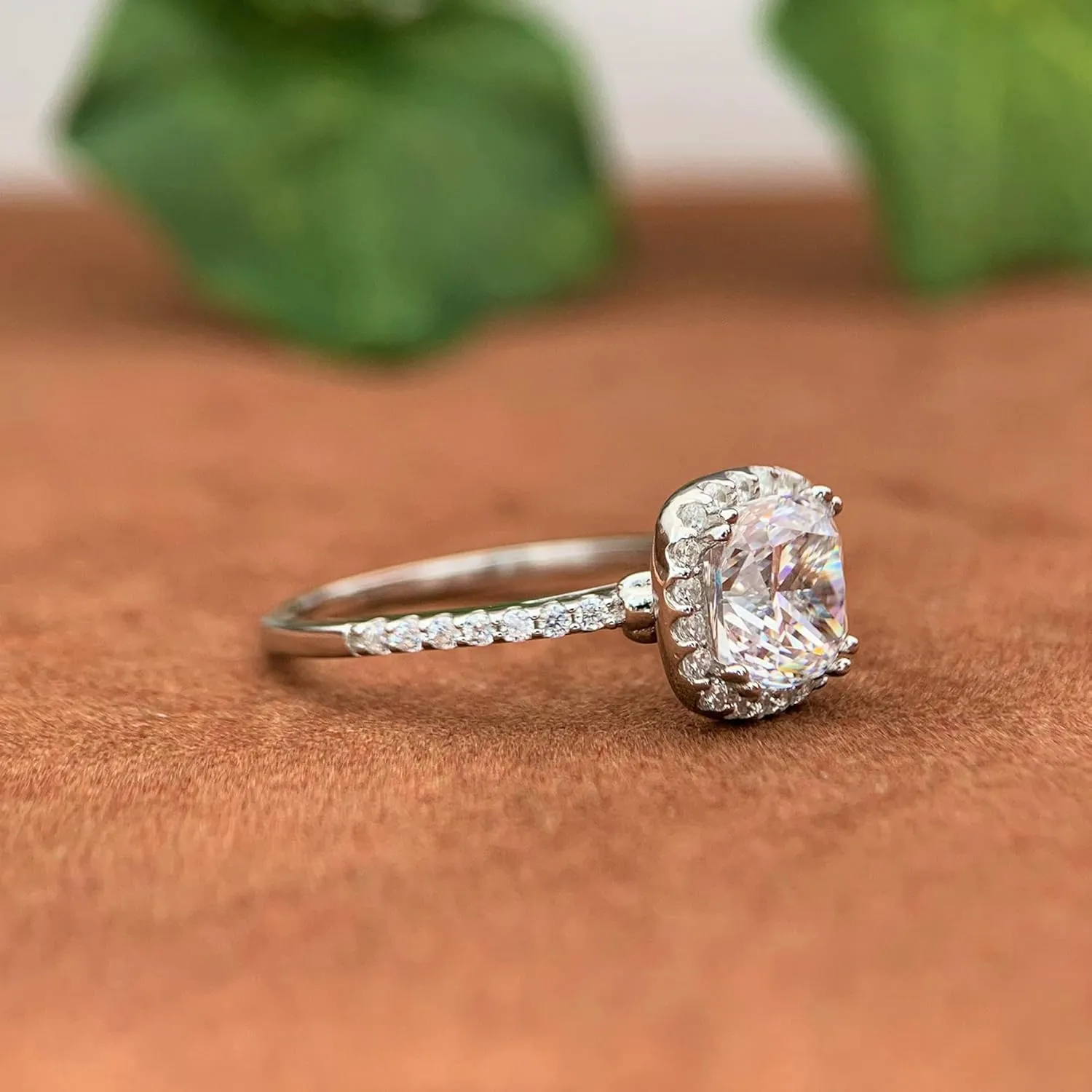 14K White Gold Moissanite Engagement Rings, 14K 2 Carat Cushion Cut Moissanite Ring, 2ct Cushion Cut Halo Engagement Ring