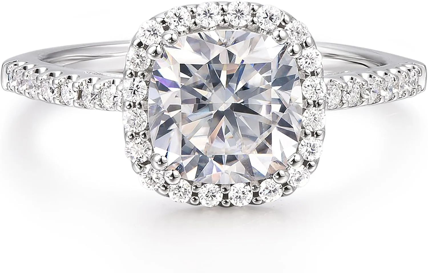 14K White Gold Moissanite Engagement Rings, 14K 2 Carat Cushion Cut Moissanite Ring, 2ct Cushion Cut Halo Engagement Ring