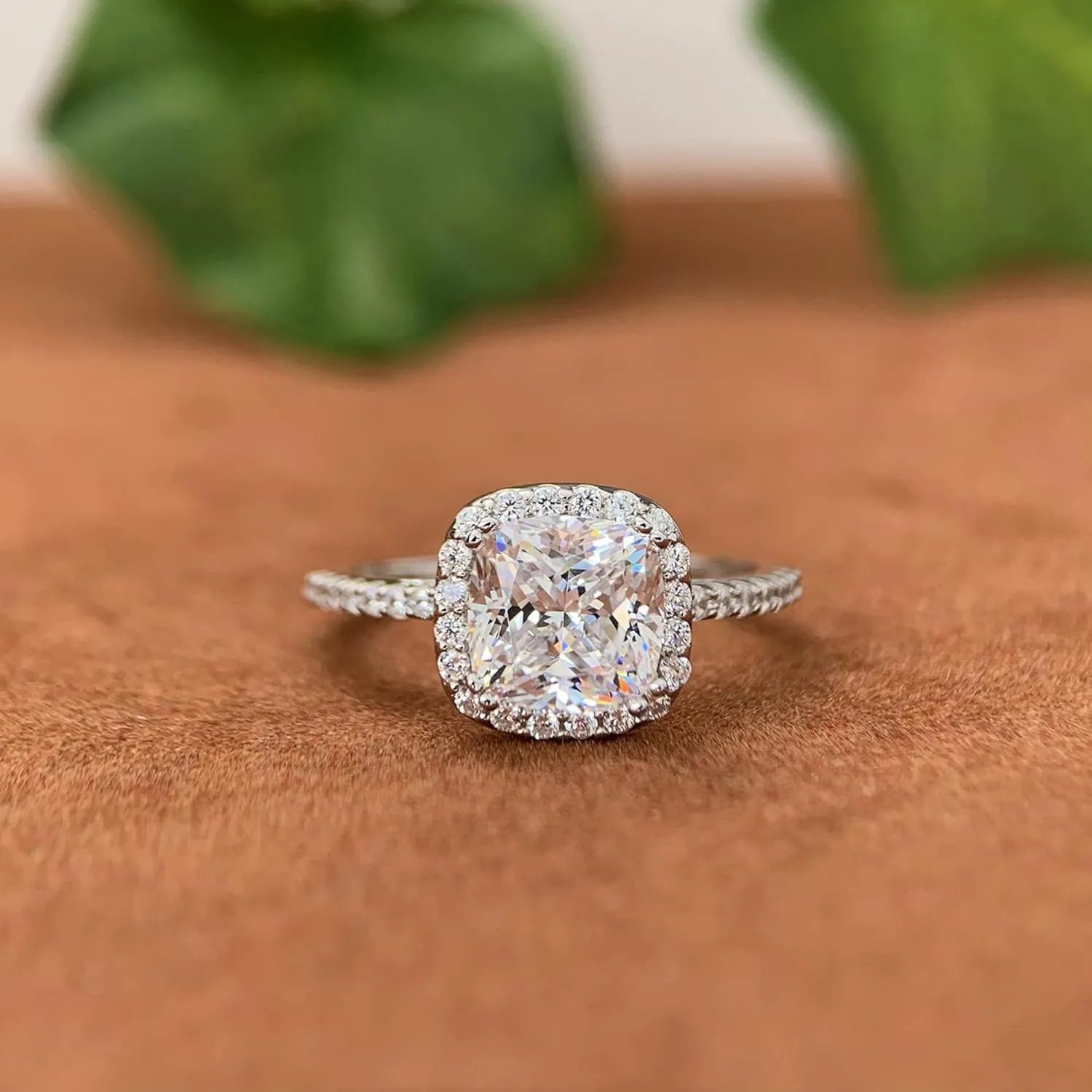 14K White Gold Moissanite Engagement Rings, 14K 2 Carat Cushion Cut Moissanite Ring, 2ct Cushion Cut Halo Engagement Ring