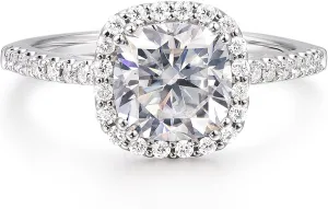 14K White Gold Moissanite Engagement Rings, 14K 2 Carat Cushion Cut Moissanite Ring, 2ct Cushion Cut Halo Engagement Ring
