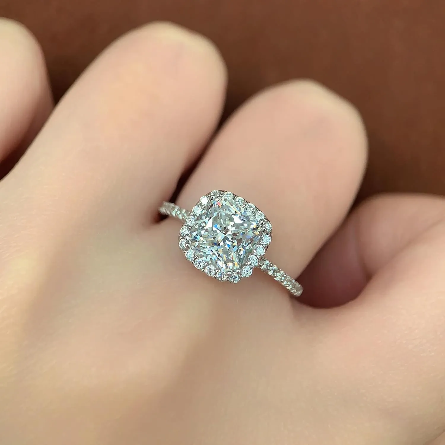 14K White Gold Moissanite Engagement Rings, 14K 2 Carat Cushion Cut Moissanite Ring, 2ct Cushion Cut Halo Engagement Ring