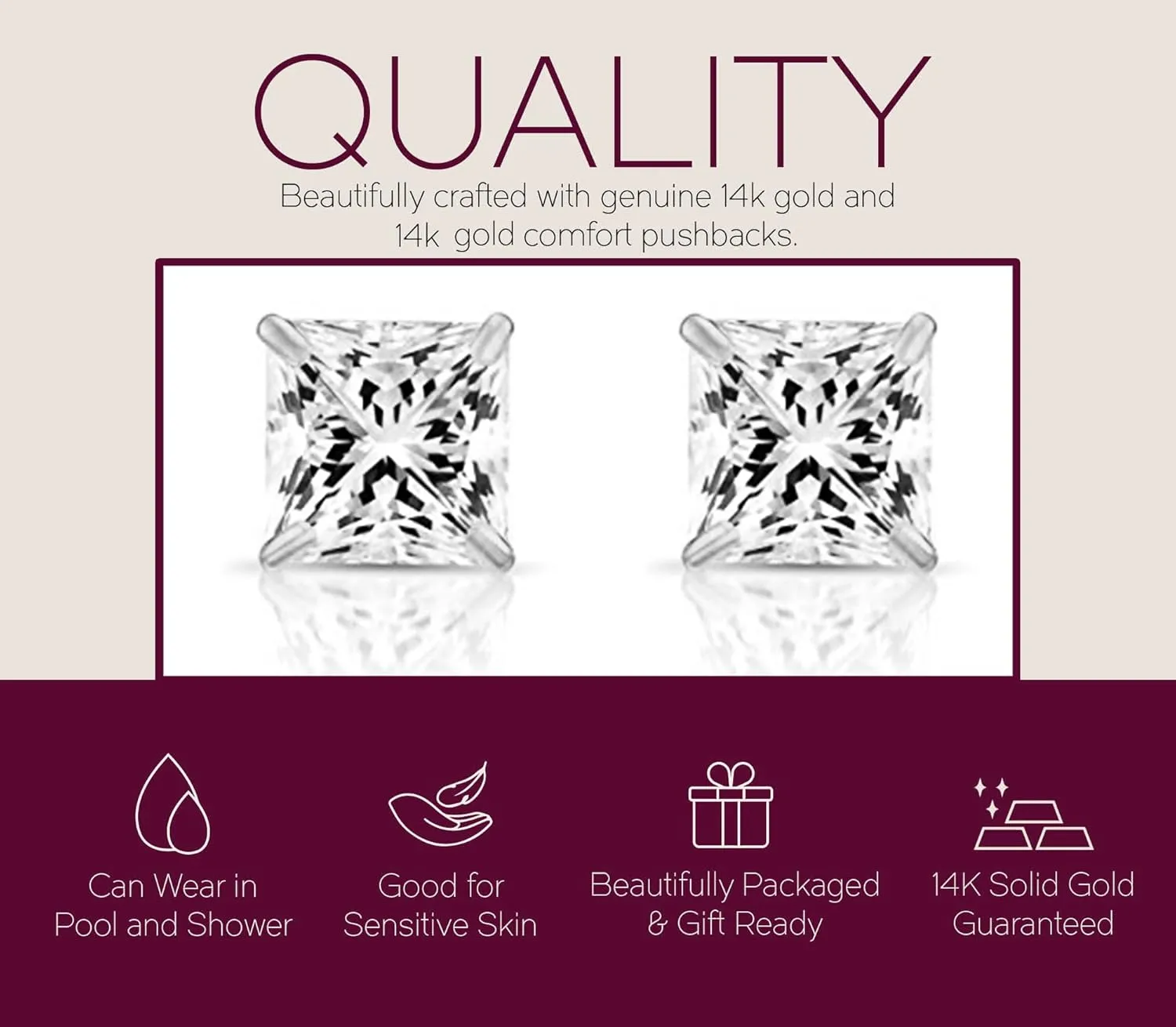 14k White Gold Princess Cut CZ Stud Earrings Real Gold Cubic Zirconia Studs with Solid Gold Backs Square