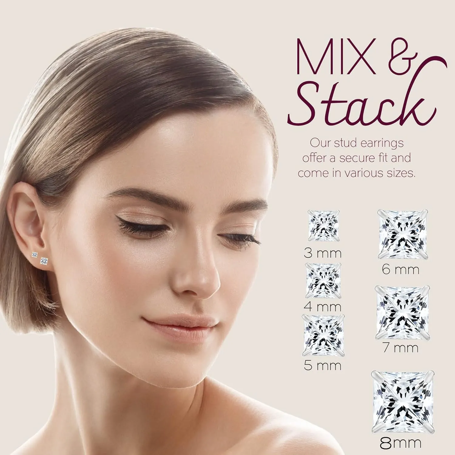 14k White Gold Princess Cut CZ Stud Earrings Real Gold Cubic Zirconia Studs with Solid Gold Backs Square
