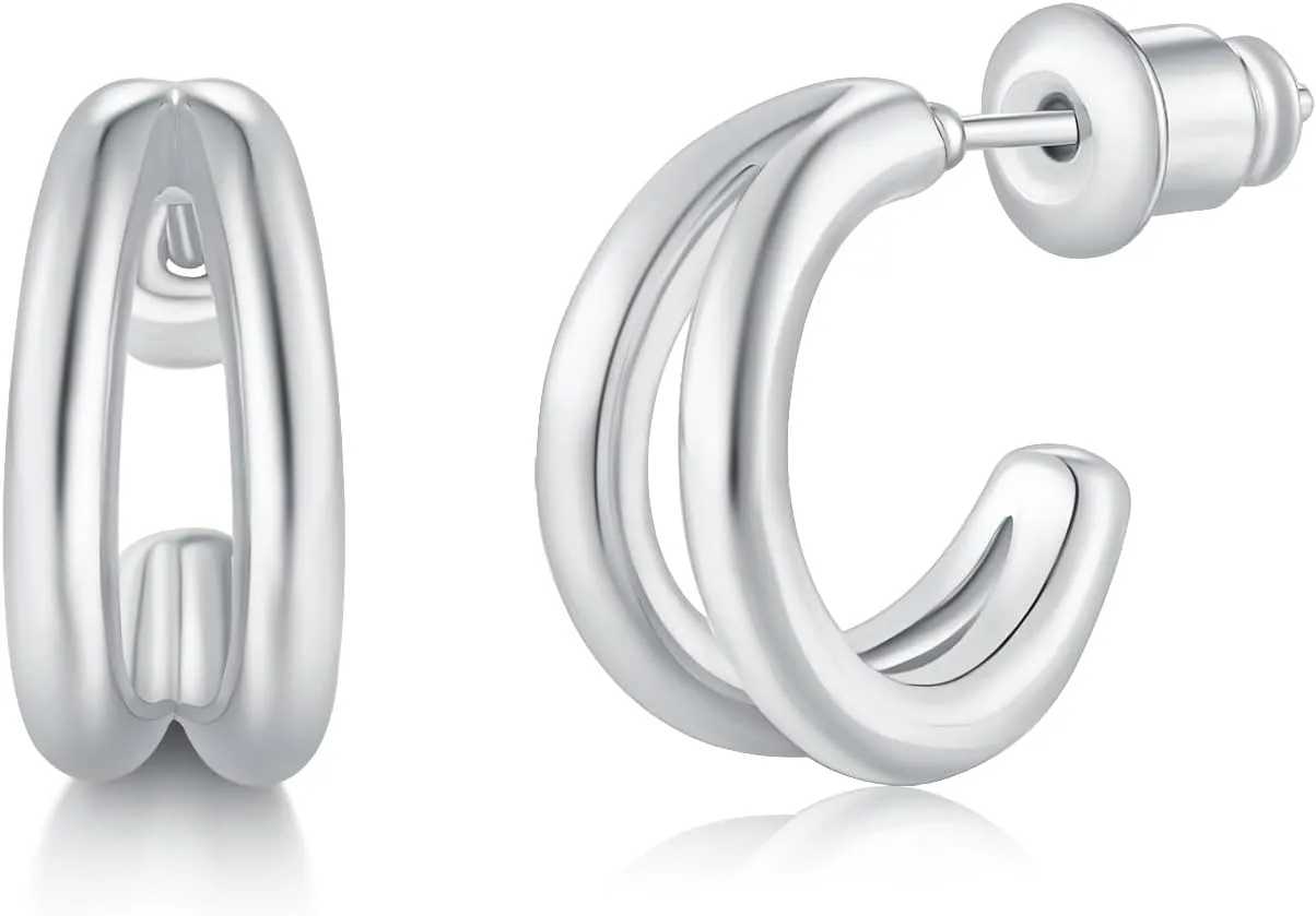 14K White/Yellow Gold Plated 925 Sterling Silver Post| Double Hoop Earrings for Women| Dainty Huggie Hoops| Split Hoop Earrings| Double Huggie| 15mm Diameter
