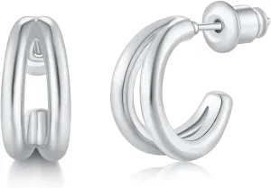 14K White/Yellow Gold Plated 925 Sterling Silver Post| Double Hoop Earrings for Women| Dainty Huggie Hoops| Split Hoop Earrings| Double Huggie| 15mm Diameter