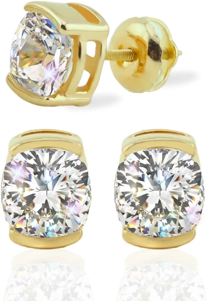 14K Yellow Gold Moissanite Cushion Cut Half Bezel Stud Earrings | 5.5 x 5.5mm | 1.6 CTW | Screw Back Posts