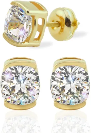 14K Yellow Gold Moissanite Cushion Cut Half Bezel Stud Earrings | 5.5 x 5.5mm | 1.6 CTW | Screw Back Posts