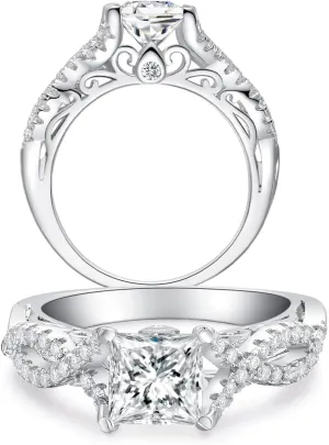 1.6 Carat (ctw) Vintage Love Engagement Rings for Women, Split Shank Platinum Plated 925 Sterling Silver Moissanite Promise Rings for Her, Anniversary Princess Cut Simulated Ring, I Love You Gifts