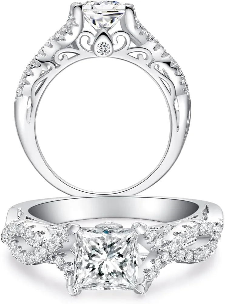1.6 Carat (ctw) Vintage Love Engagement Rings for Women, Split Shank Platinum Plated 925 Sterling Silver Moissanite Promise Rings for Her, Anniversary Princess Cut Simulated Ring, I Love You Gifts