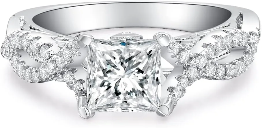 1.6 Carat (ctw) Vintage Love Engagement Rings for Women, Split Shank Platinum Plated 925 Sterling Silver Moissanite Promise Rings for Her, Anniversary Princess Cut Simulated Ring, I Love You Gifts