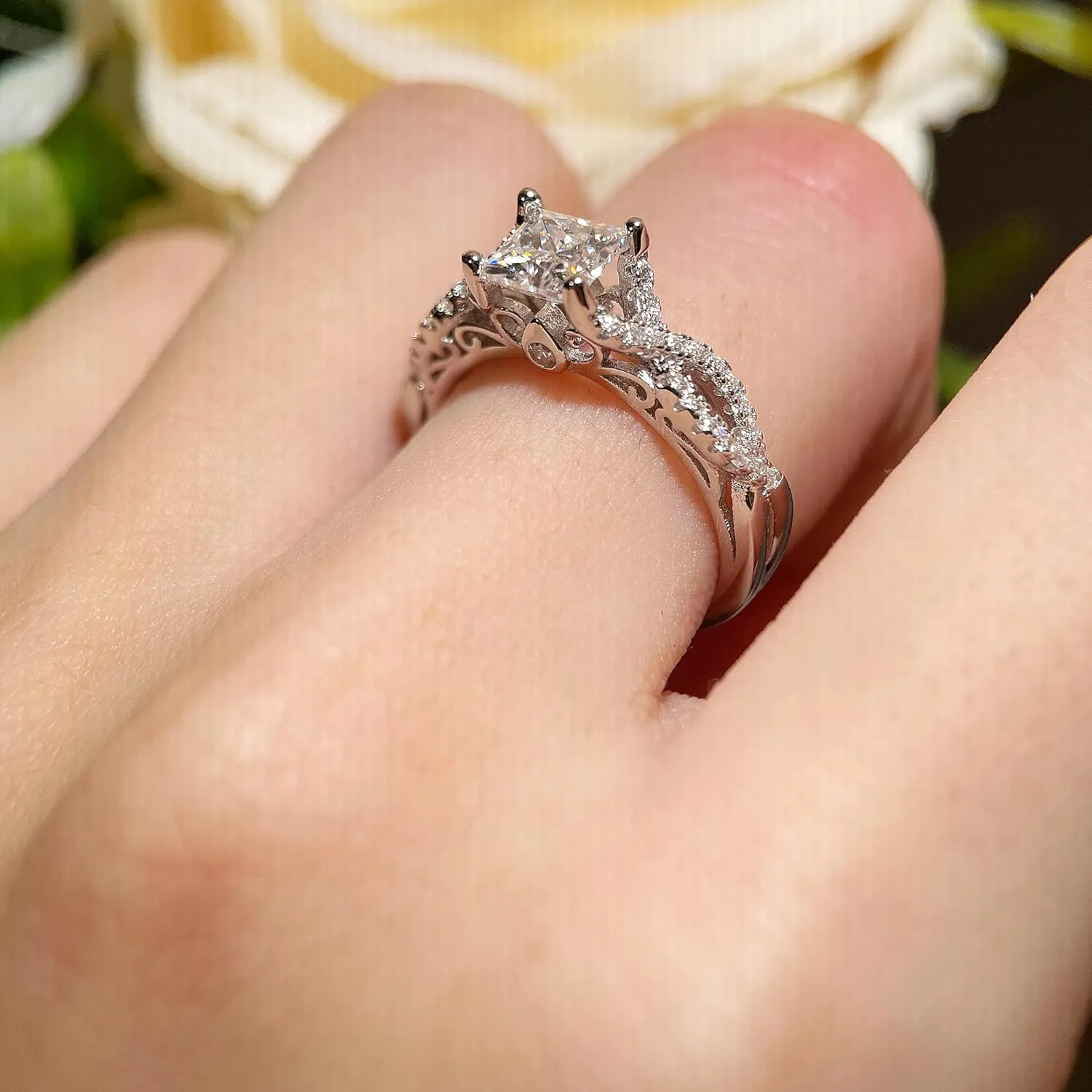 1.6 Carat (ctw) Vintage Love Engagement Rings for Women, Split Shank Platinum Plated 925 Sterling Silver Moissanite Promise Rings for Her, Anniversary Princess Cut Simulated Ring, I Love You Gifts