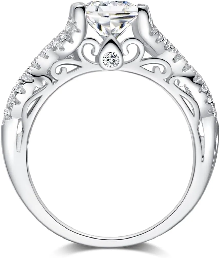 1.6 Carat (ctw) Vintage Love Engagement Rings for Women, Split Shank Platinum Plated 925 Sterling Silver Moissanite Promise Rings for Her, Anniversary Princess Cut Simulated Ring, I Love You Gifts