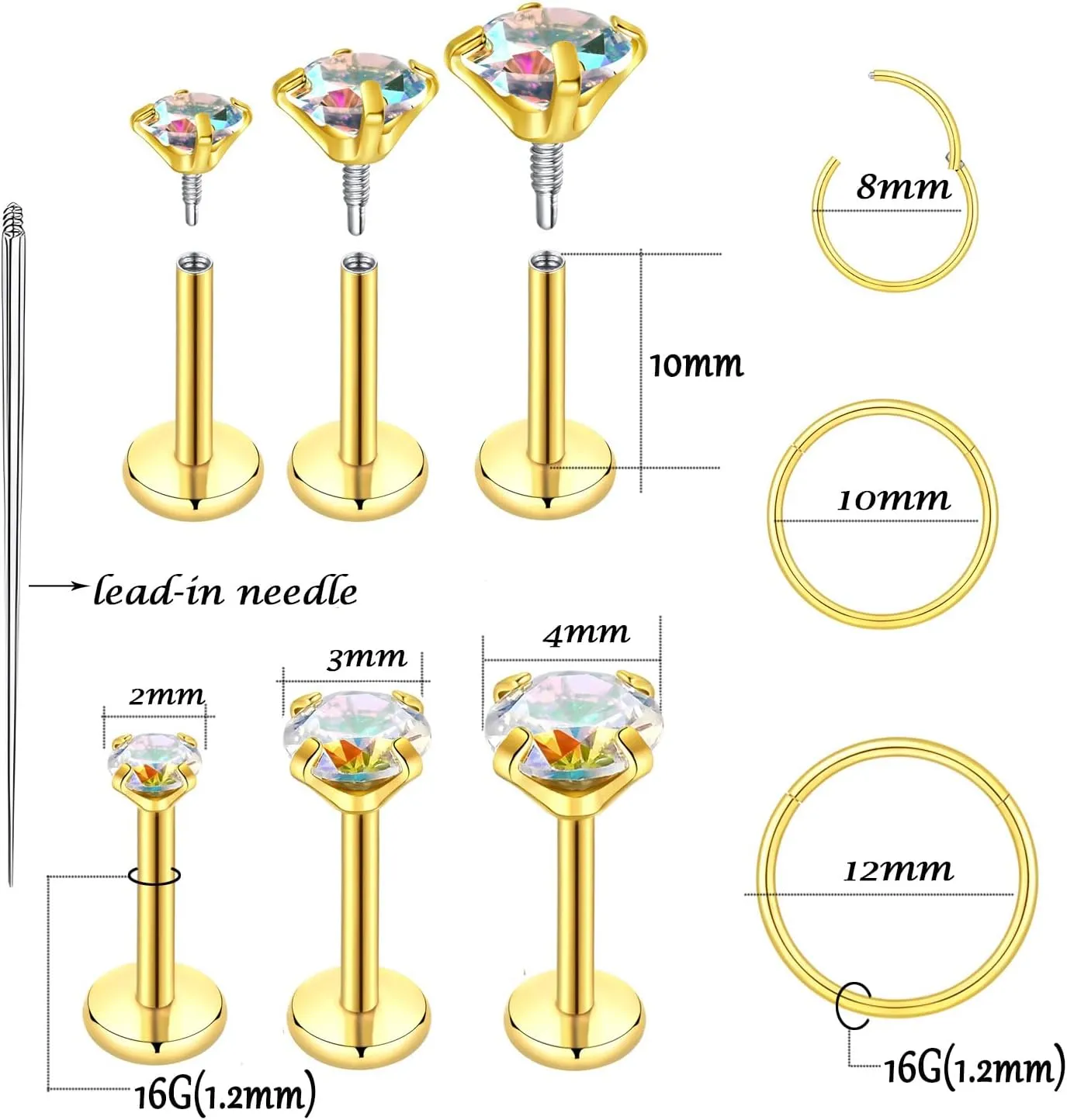 16G 18G Surgical Steel Internal Thread Stud Piercing Jewelry Set Nose Medusa Lip Labret Stud Hypoallergenic Clicker Hoop Septum Rings Cartilage Tragus Helix Conch Earrings for Women Men