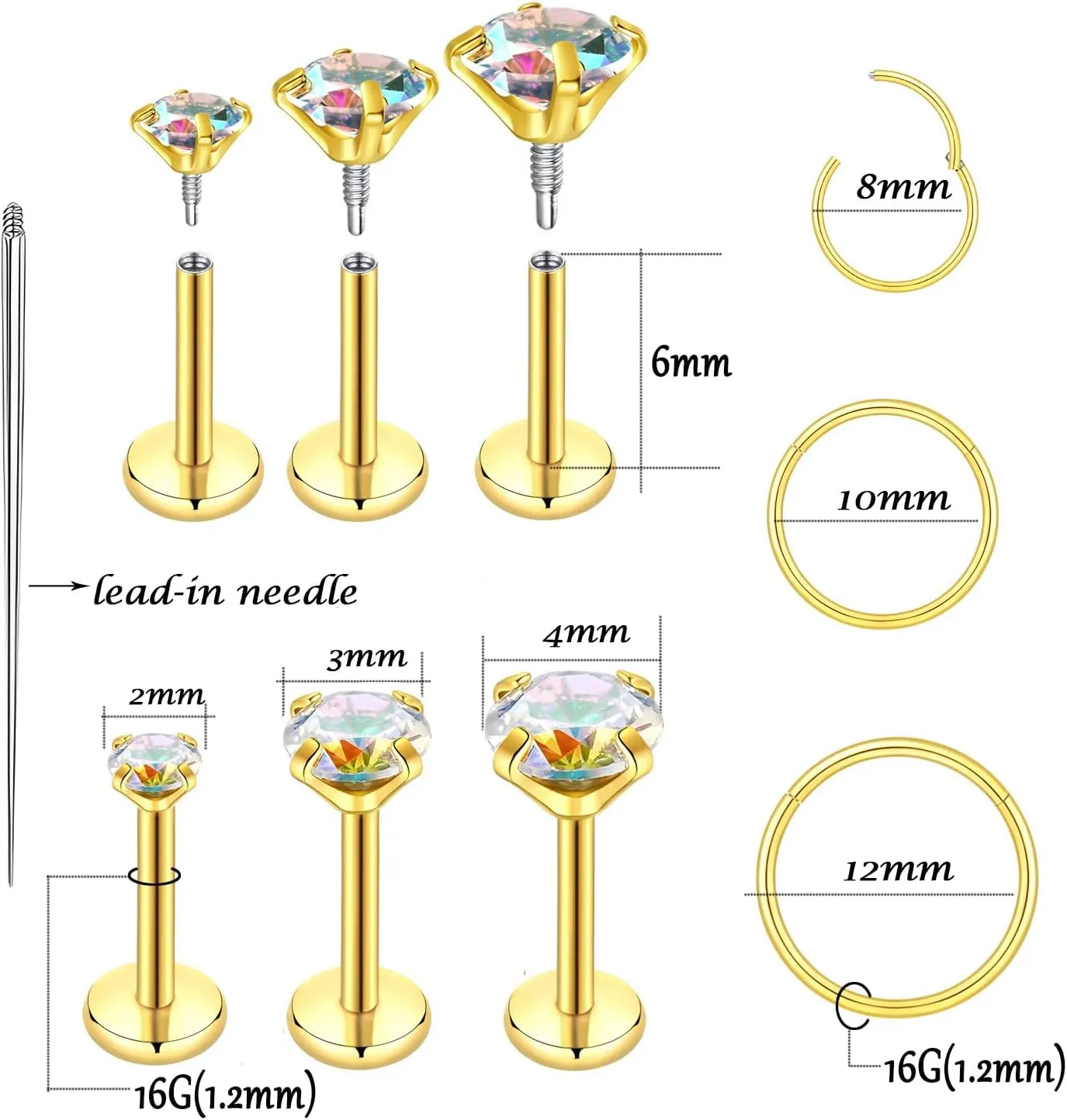 16G 18G Surgical Steel Internal Thread Stud Piercing Jewelry Set Nose Medusa Lip Labret Stud Hypoallergenic Clicker Hoop Septum Rings Cartilage Tragus Helix Conch Earrings for Women Men