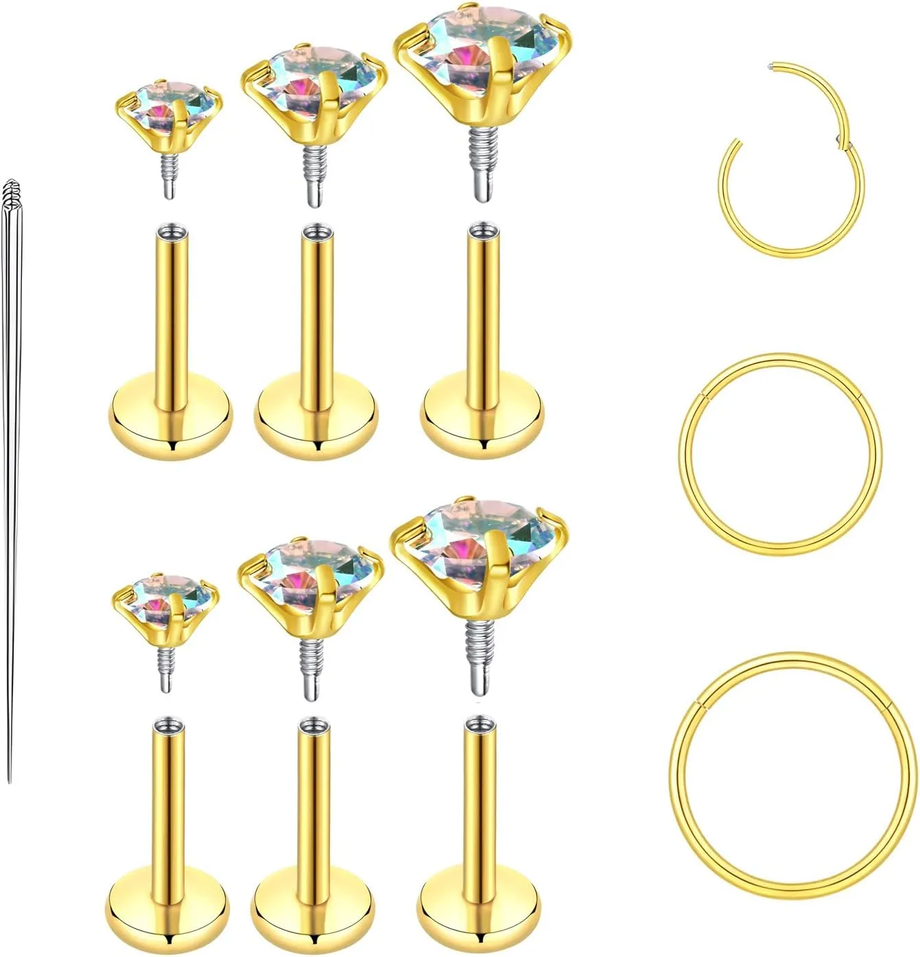 16G 18G Surgical Steel Internal Thread Stud Piercing Jewelry Set Nose Medusa Lip Labret Stud Hypoallergenic Clicker Hoop Septum Rings Cartilage Tragus Helix Conch Earrings for Women Men