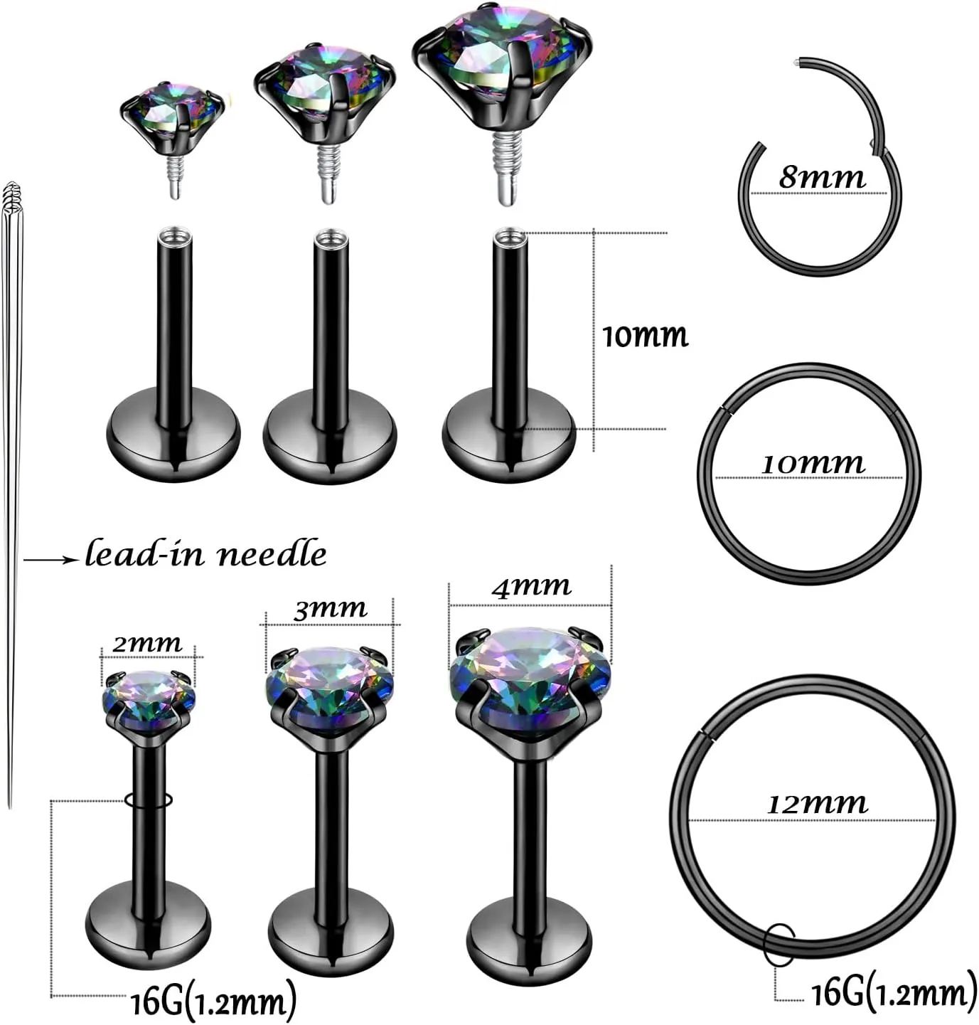 16G 18G Surgical Steel Internal Thread Stud Piercing Jewelry Set Nose Medusa Lip Labret Stud Hypoallergenic Clicker Hoop Septum Rings Cartilage Tragus Helix Conch Earrings for Women Men