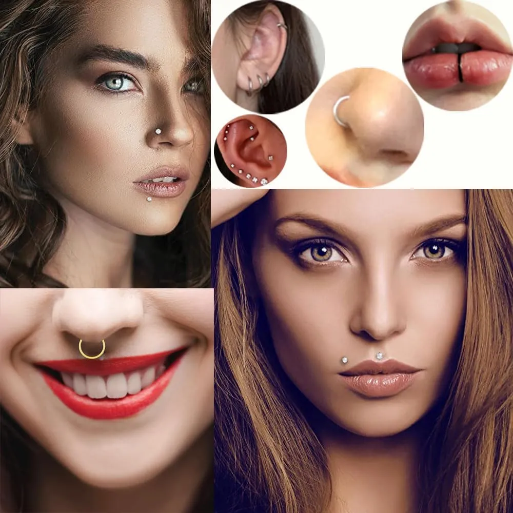 16G 18G Surgical Steel Internal Thread Stud Piercing Jewelry Set Nose Medusa Lip Labret Stud Hypoallergenic Clicker Hoop Septum Rings Cartilage Tragus Helix Conch Earrings for Women Men
